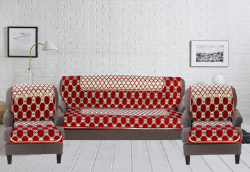 Nendle Latest Cotton Abstarct Design 5 Seater Sofa Cover Set for Living Room (Maroon, 6 Pieces)